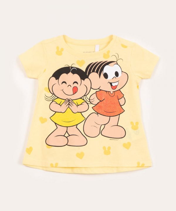 blusa infantil mônica e magali com glitter manga curta amarela