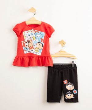 conjunto infantil de algodão blusa turma da mônica manga curta vermelha + bermuda preta