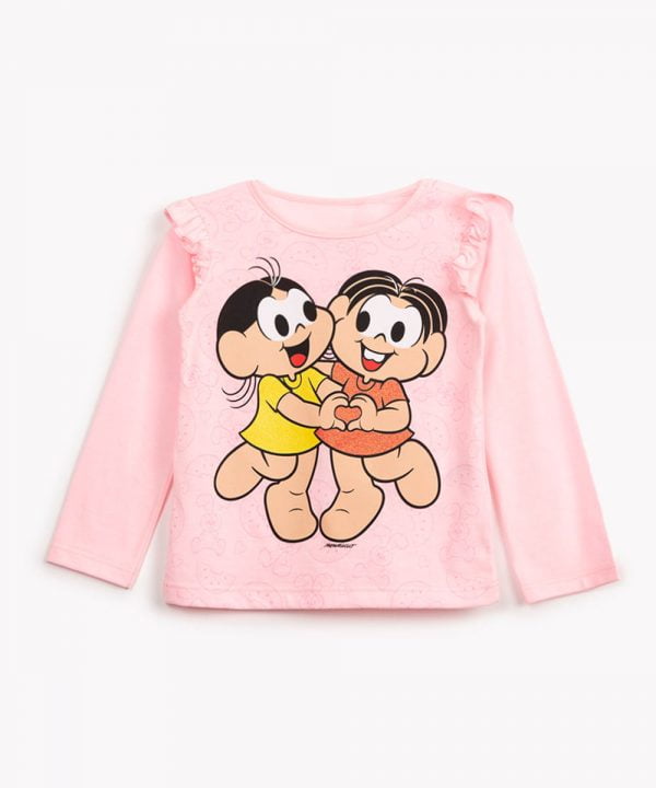 camiseta infantil de algodão turma da mônica manga longa rosa
