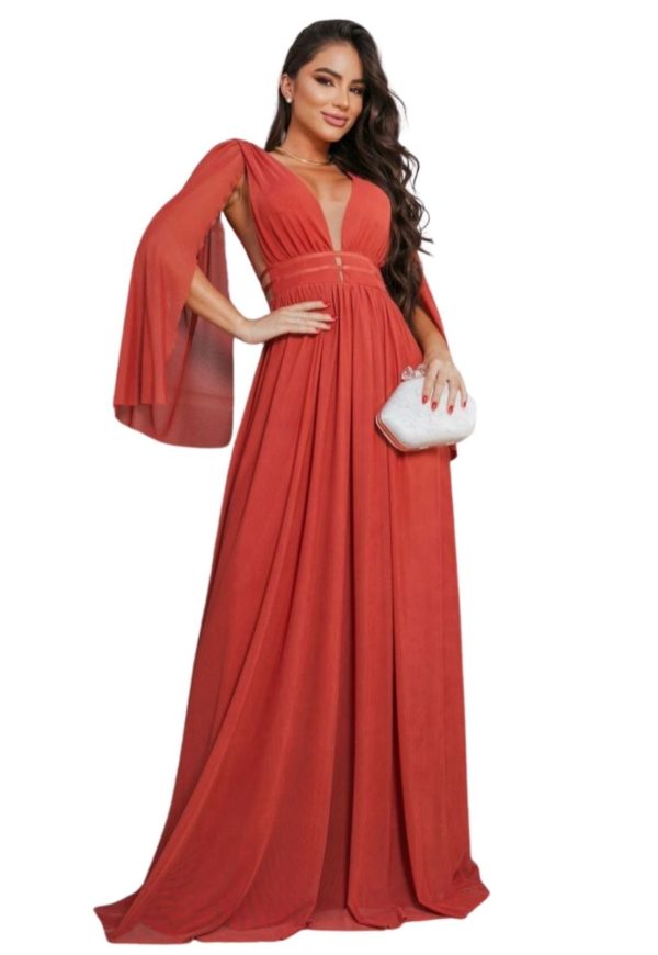 Vestido Longo de Festa Micro Tule Mônica Mangas Decote Em V Terracota