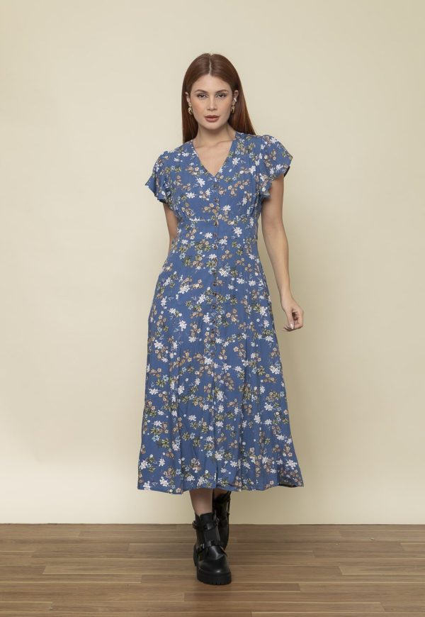 Vestido Aura Mônica Viscolinho Floral Azul