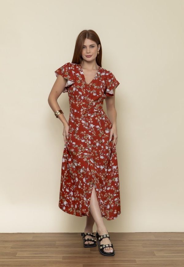 Vestido Aura Mônica Viscolinho Floral Terracota